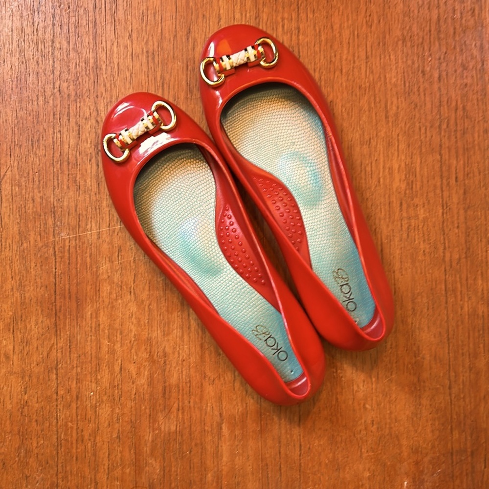 OKA B red ballet flats with gold buckle. Good condition. Made in USA.
